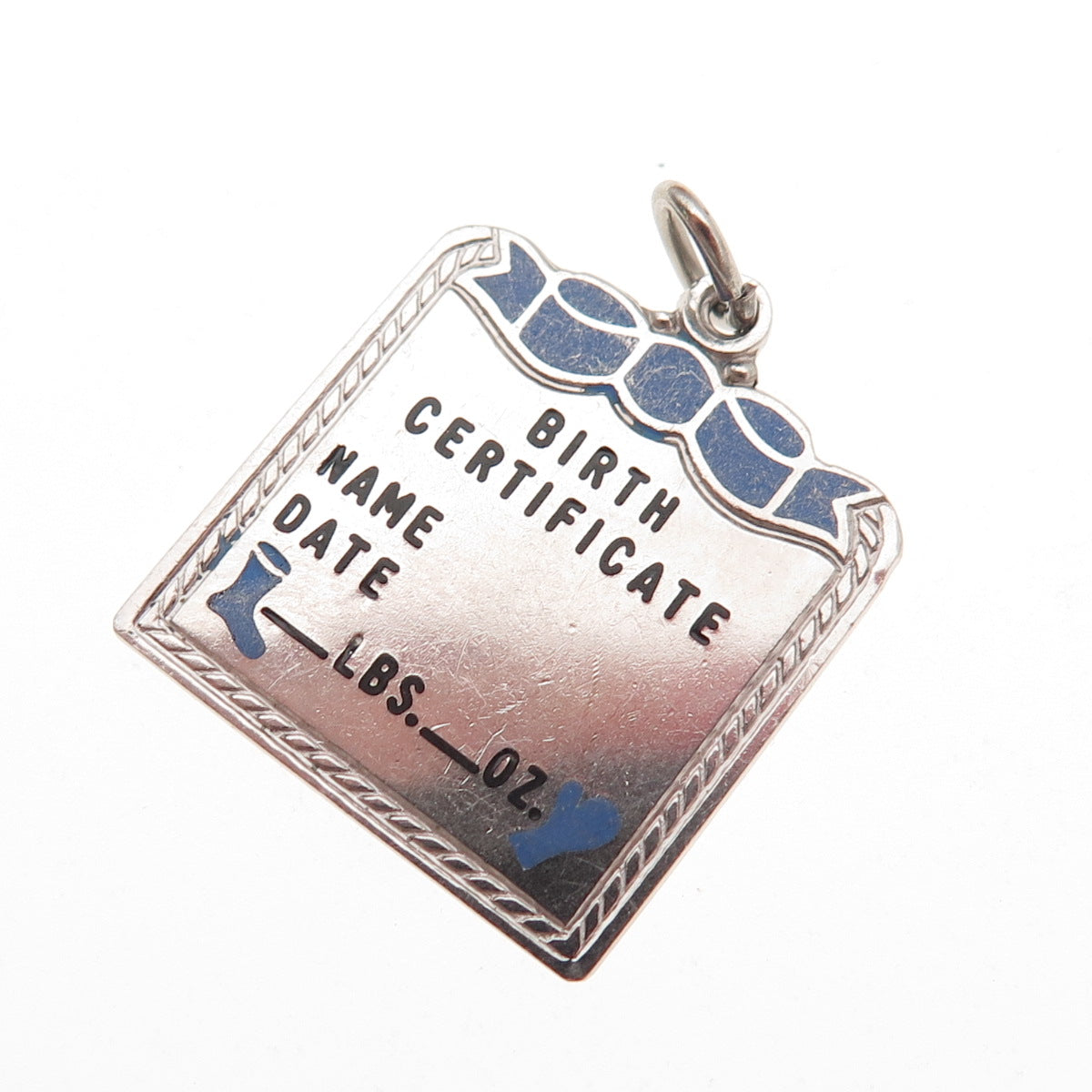 925 Sterling Silver Vintage Enamel Birth Certificate Charm Pendant