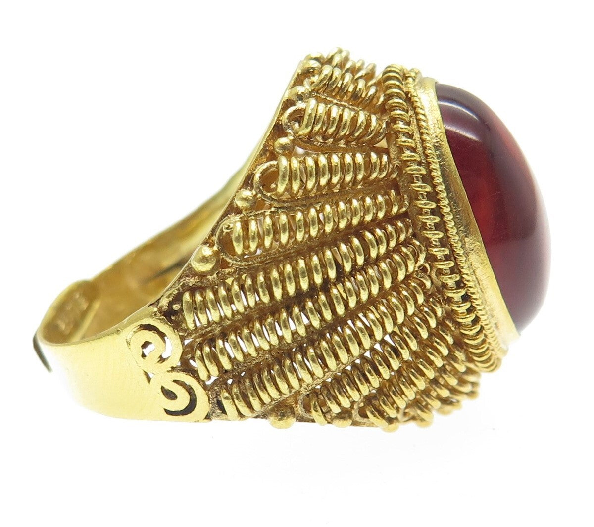 925 Sterling Gold Plated Antique Red Amber Spring Adjustable Ring Size 9.5