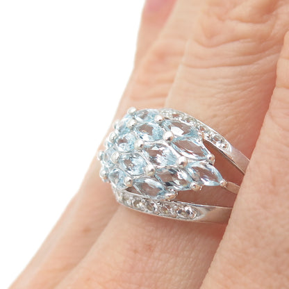 HAN 925 Sterling Silver Real Marquise & Round-Cut Blue White Topaz Ring Size 8.5