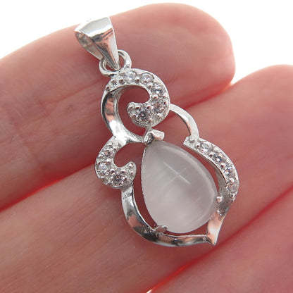 925 Sterling Silver Real Clear Quartz & C Z Ornate Minimalist Charm Pendant