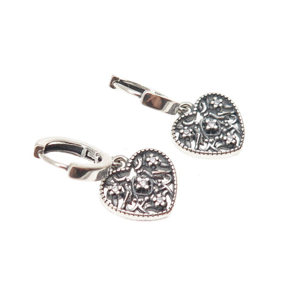 925 Sterling Silver Round-Cut C Z Ornate Heart Charm Hoop Earrings