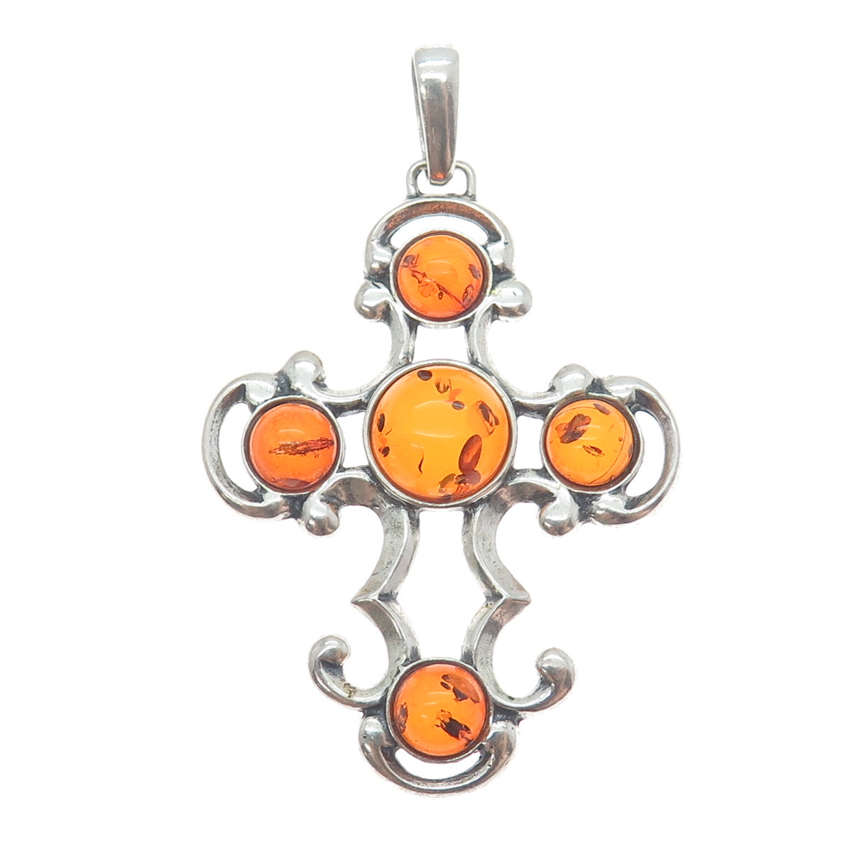 925 Sterling Silver Vintage Real Amber Modernist Cross Pendant