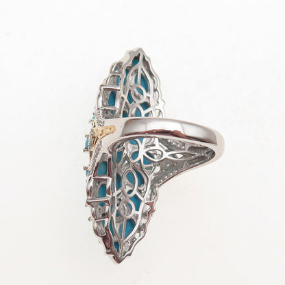 D'Joy 925 Sterling 2-Tone Real Sleeping Beauty Turquoise White Topaz Ring Size 8