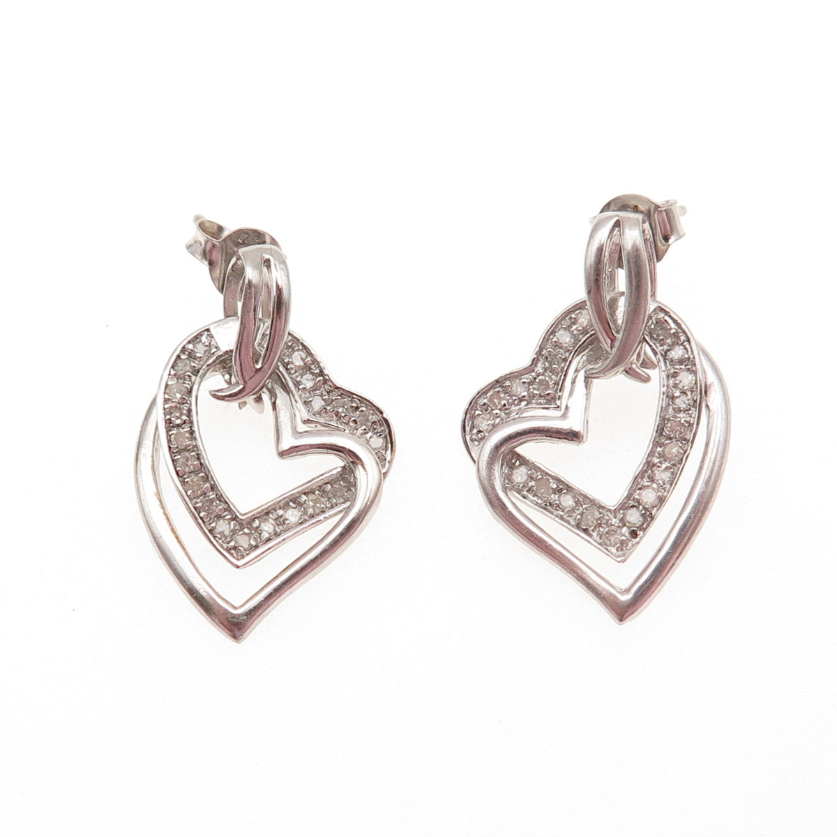 SAI 925 Sterling Silver Real Round-Cut Diamond Double Heart Dangle Earrings
