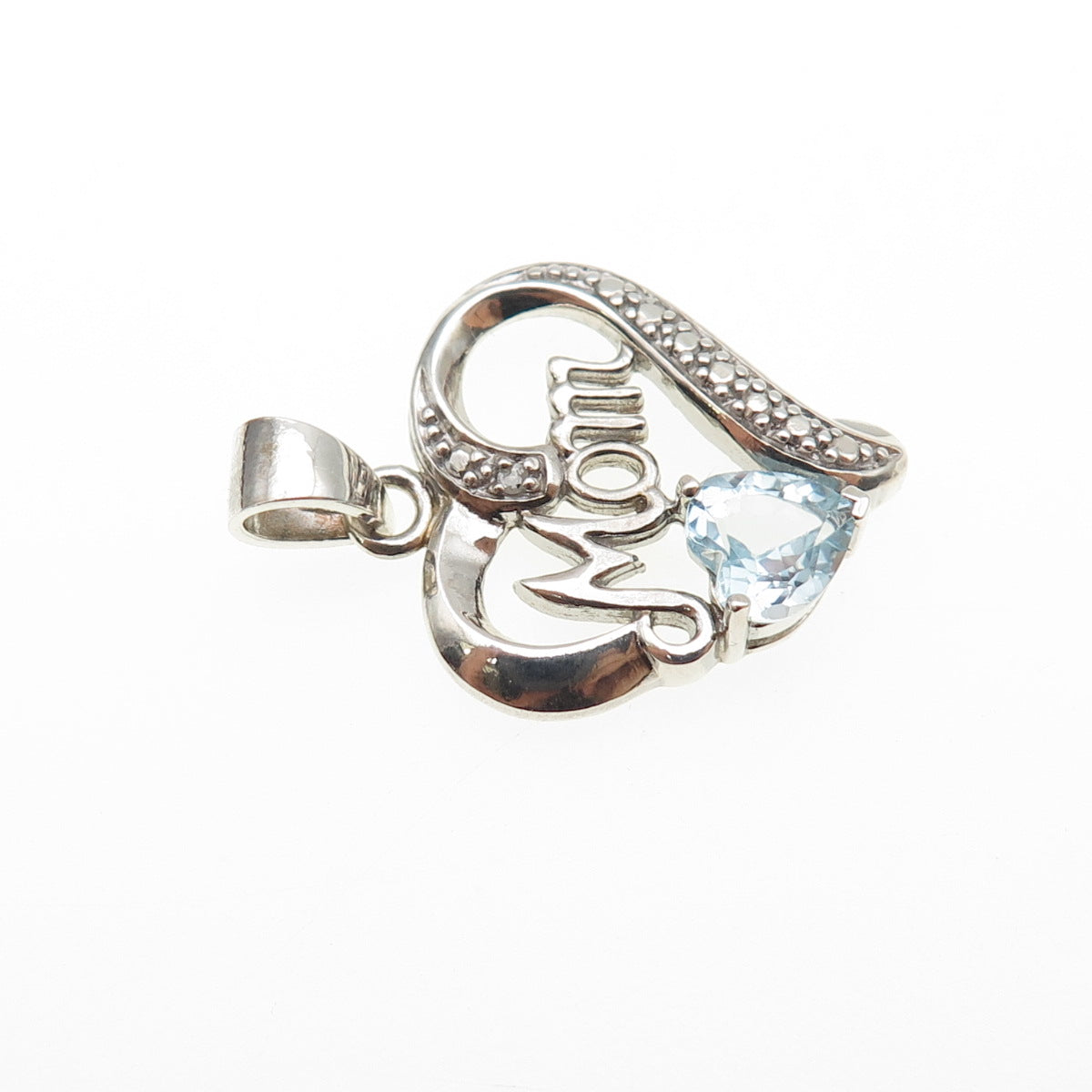 925 Sterling Silver Real Diamond Accent & Blue Topaz Mom Heart Charm Pendant