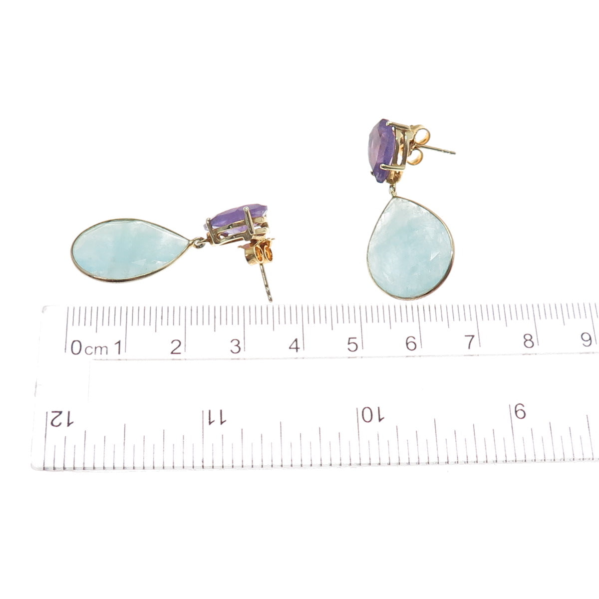 925 Sterling Silver Gold Plated Real Milky Aquamarine & Amethyst Dangle Earrings