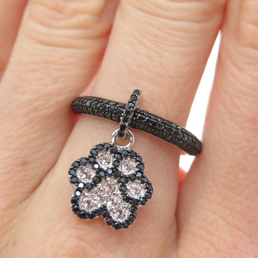 925 Sterling Silver Real Black Spinel & C Z Dog Paw Dangle Charm Ring Size 7.25