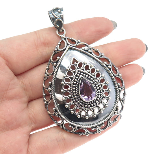 925 Sterling Silver Vintage Real Amethyst Gemstone Boho / Ethnic Pendant