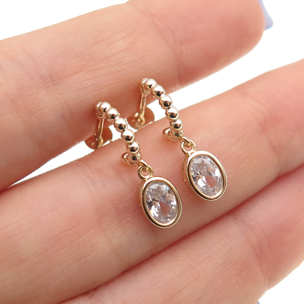 925 Sterling Silver Gold Plated Oval-Cut C Z Beaded Hoop Dangle Earrings