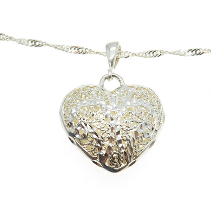 925 Sterling Silver Vintage Italy Ornate Heart Pendant Cuban Chain Necklace 26"