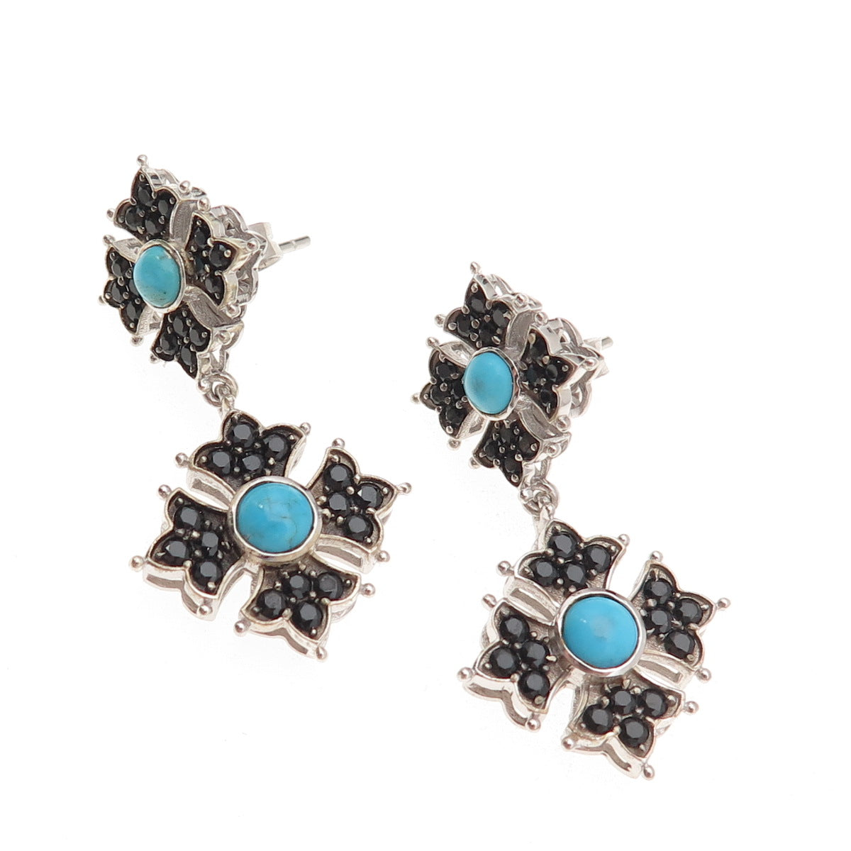 925 Sterling Silver Real Turquoise & Black Spinel Floral Cross Dangle Earrings