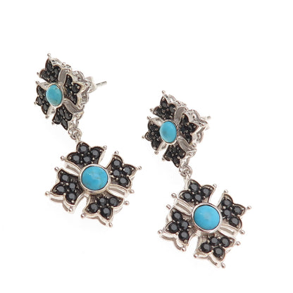 925 Sterling Silver Real Turquoise & Black Spinel Floral Cross Dangle Earrings