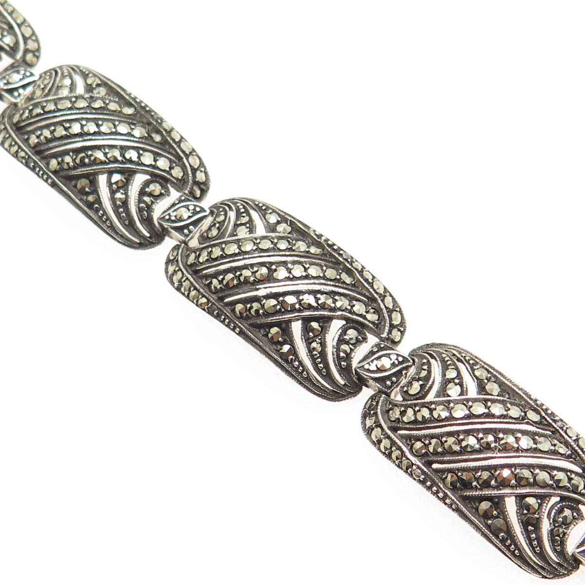 830S Silver Antique Art Deco Scandinavian Real Marcasite Panel Link Bracelet 7"