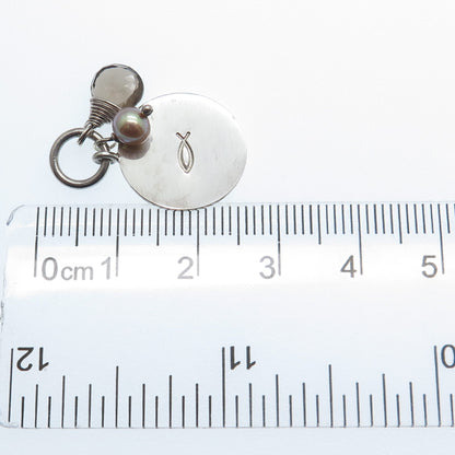 LOTUS 925 Sterling Silver Vintage Real Pearl Smoky Quartz Ichthys Charm Pendant
