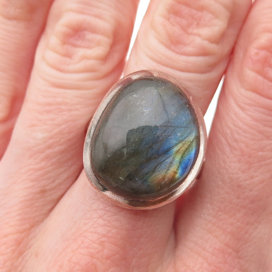 925 Sterling Silver Vintage Real Labradorite Modernist Ring Size 8.25