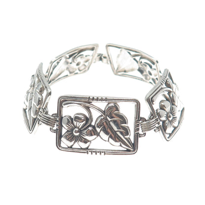 DANECRAFT 925 Sterling Silver Antique Art Deco Flower Panel Link Bracelet 7"