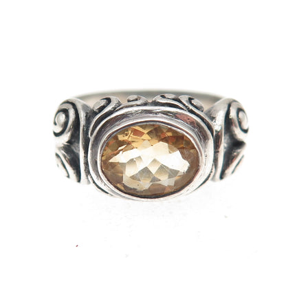 925 Sterling Silver Vintage Real Citrine Modernist Oxidized Ring Size 8