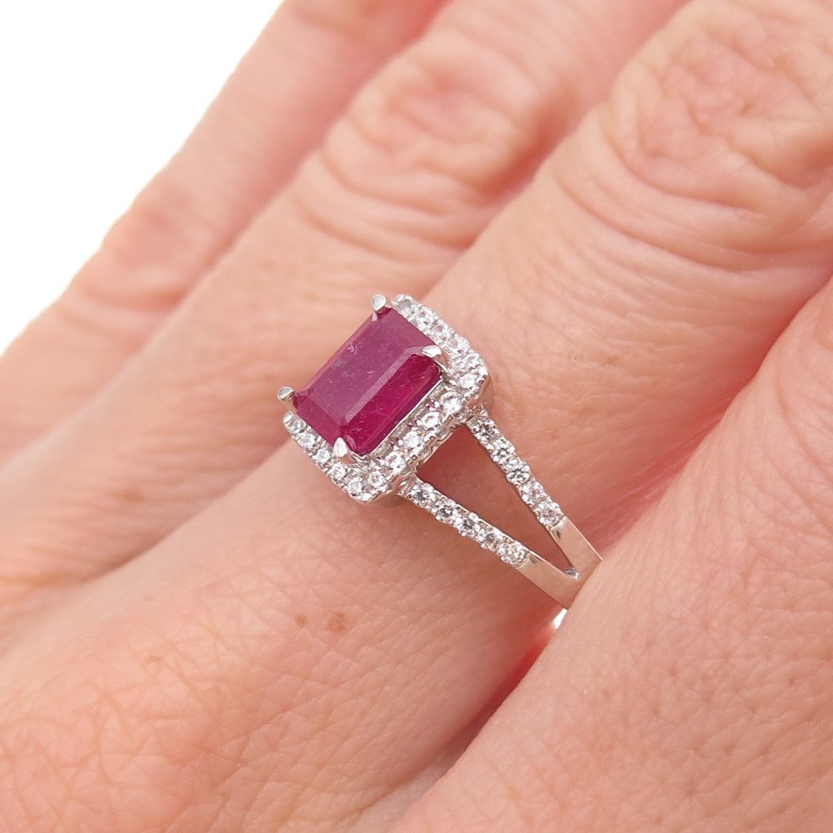 925 Sterling Silver Real Emerald-Cut Ruby & Round-Cut C Z Ring Size 9