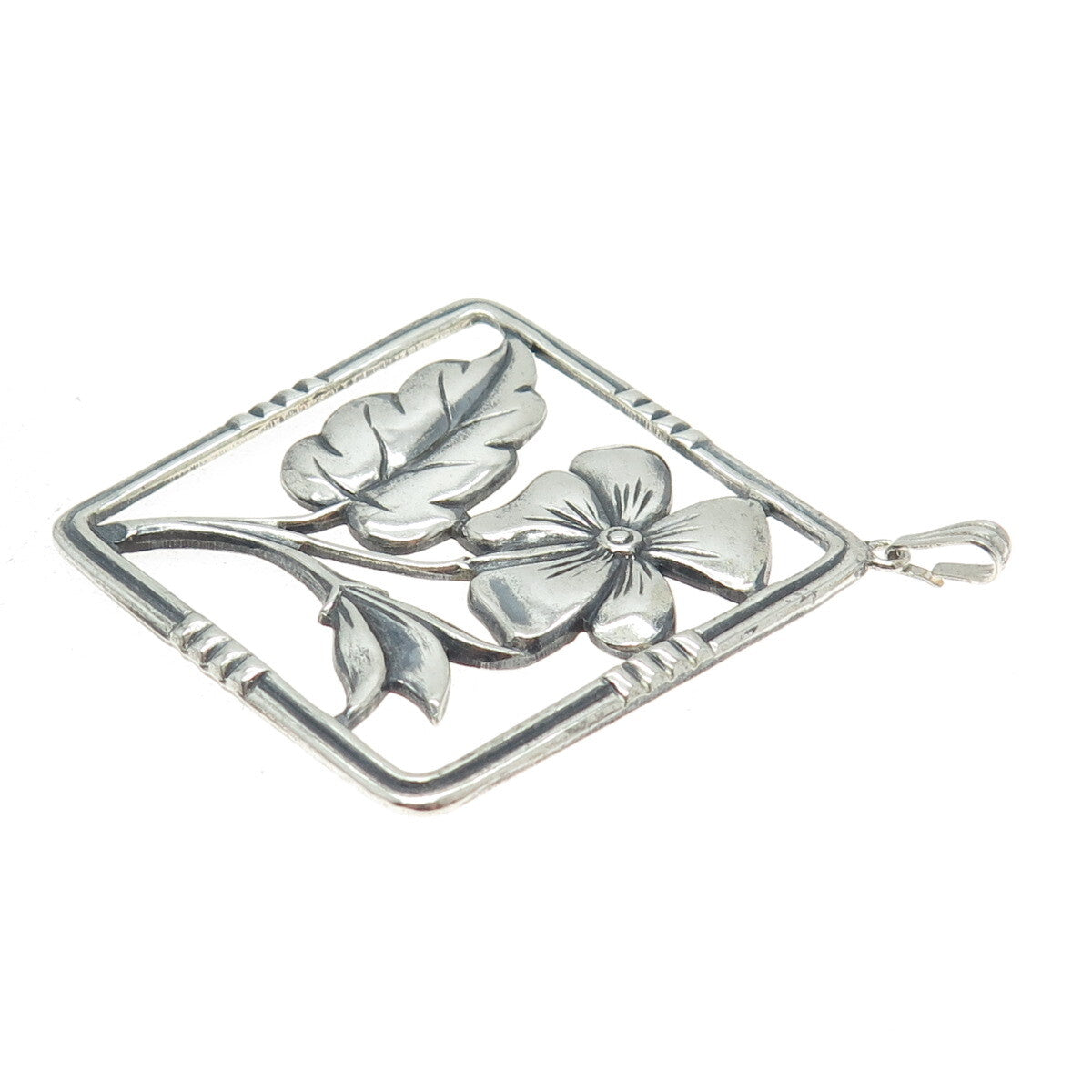 925 Sterling Silver Antique Art Deco Flower Square Oxidized Pendant