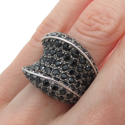 925 Sterling Silver Real Round-Cut Black Spinel Modernist Wavy Ring Size 5.25