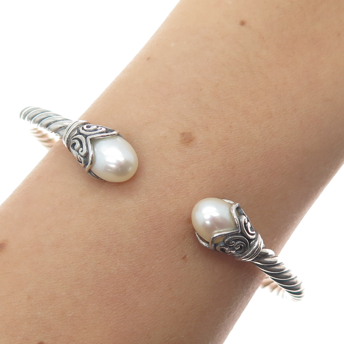 925 Sterling Silver Vintage Real Pearl Floral Oxidized Cuff Bracelet 6.25"