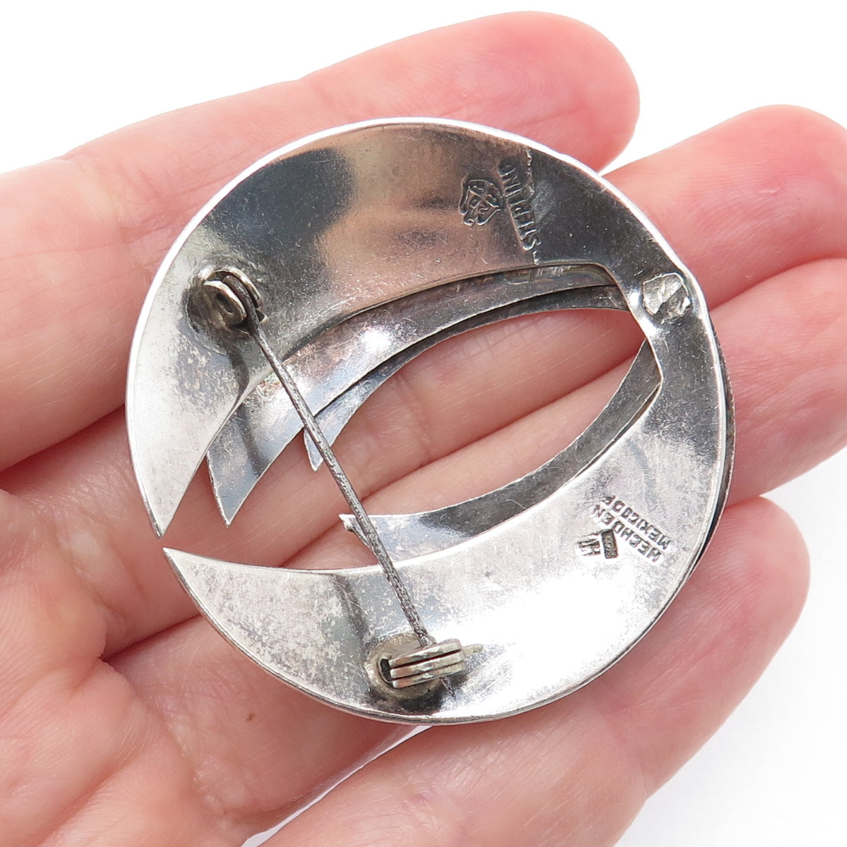 925 Sterling Silver Vintage Mexico Modernist Oxidized Pin Brooch