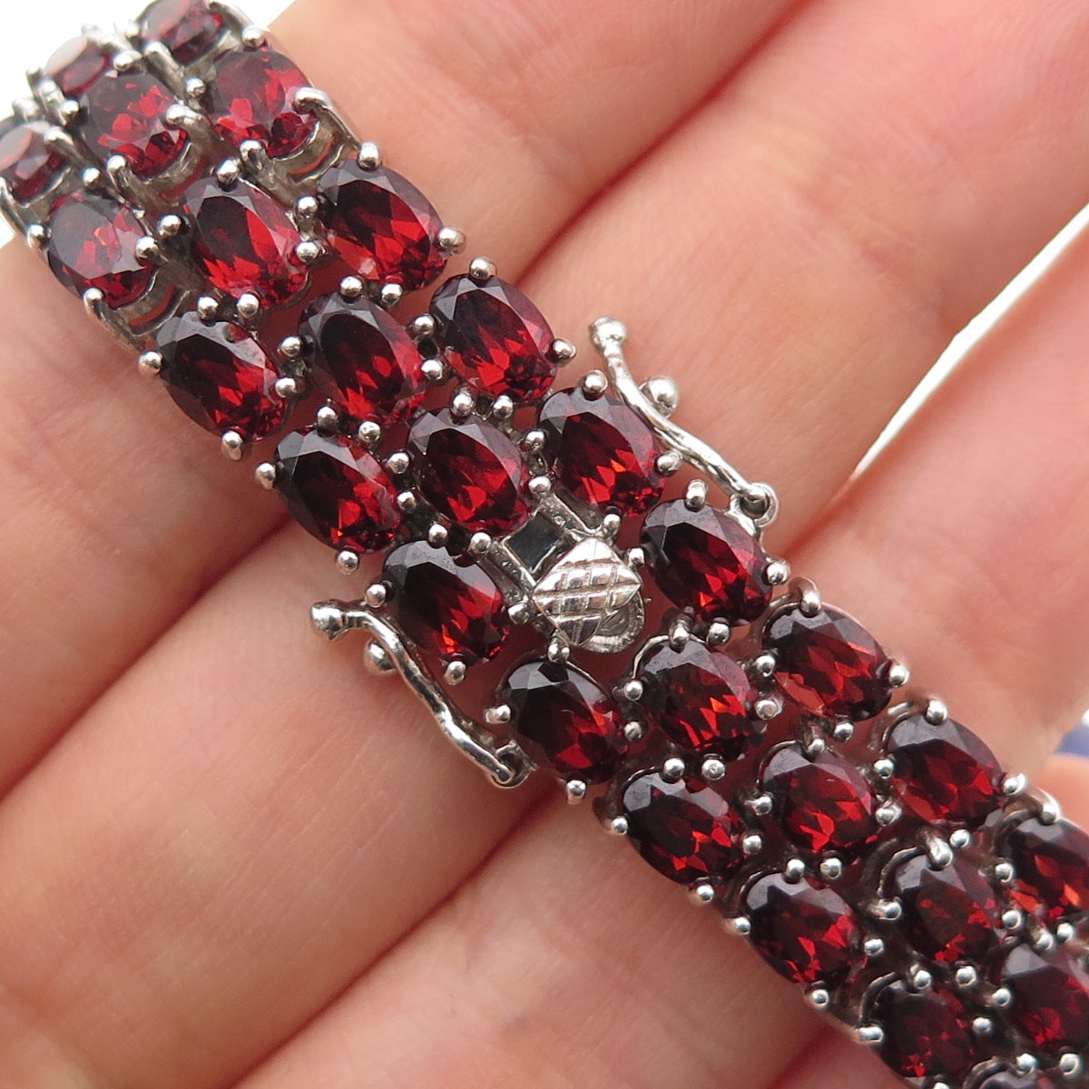 925 Sterling Silver Vintage Real Oval-Cut Red Garnet 3-Row Link Bracelet 7.5"