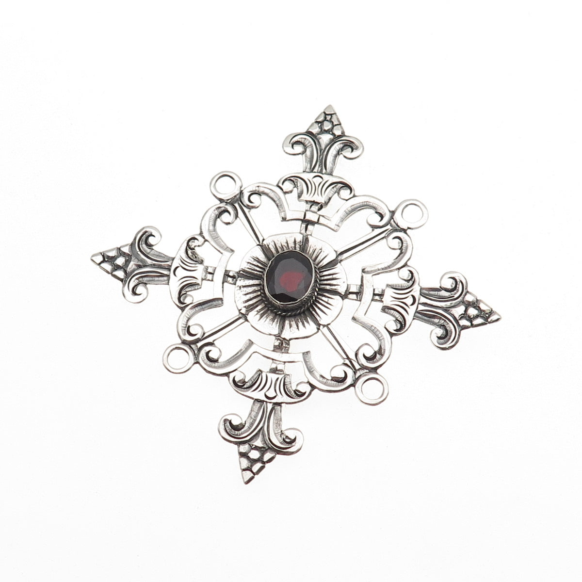 925 Sterling Silver Vintage Real Garnet Fleur de Lis Cross Oxidized Pin Brooch