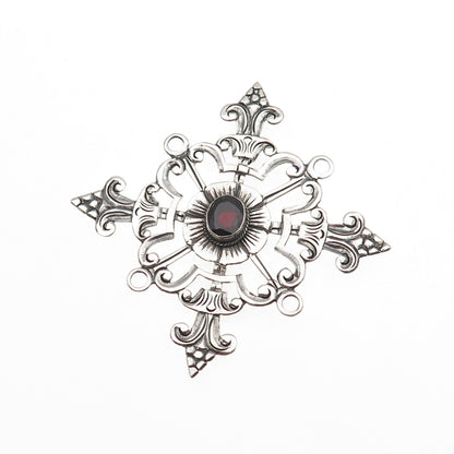 925 Sterling Silver Vintage Real Garnet Fleur de Lis Cross Oxidized Pin Brooch