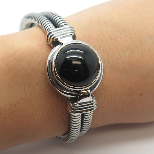 925 Sterling Silver Vintage Black Onyx Gem 2-Row Tubogas Link Bracelet 6.75"