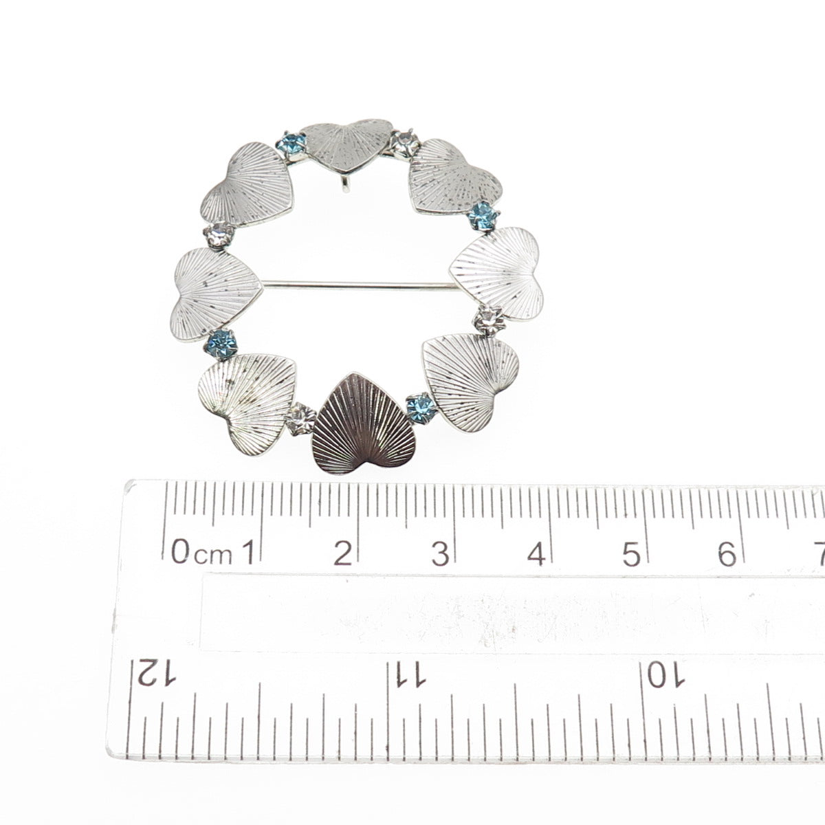 CARL ART Sterling Silver Vintage Blue & White Rhinestone Heart Circle Pin Brooch