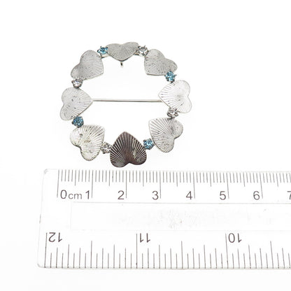 CARL ART Sterling Silver Vintage Blue & White Rhinestone Heart Circle Pin Brooch