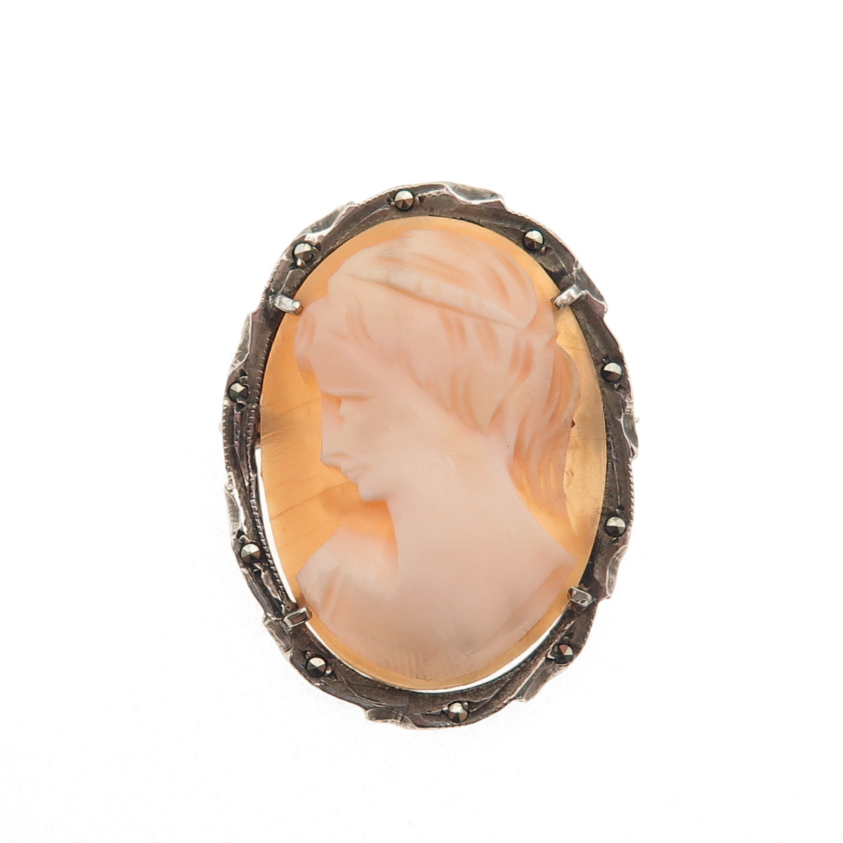 800 Silver Antique Art Deco Real MOP & Marcasite Lady Cameo Pin Brooch / Pendant