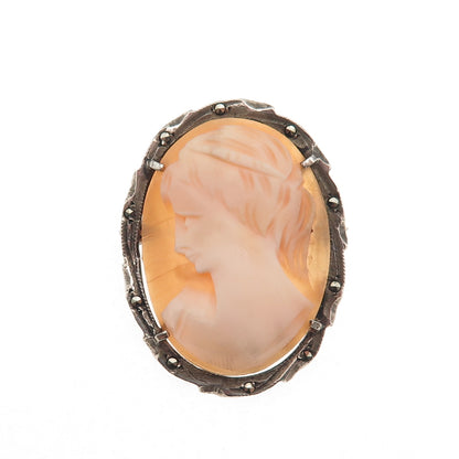 800 Silver Antique Art Deco Real MOP & Marcasite Lady Cameo Pin Brooch / Pendant