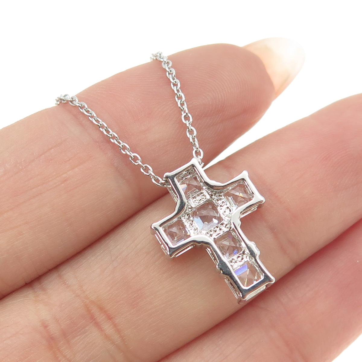 925 Sterling Silver Princess-Cut Shaped C Z Cross Rolo Chain Necklace 16-18"