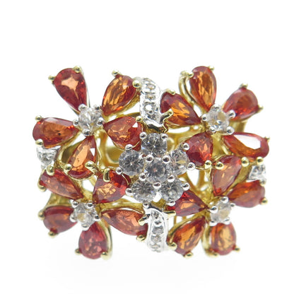 DSMK Sterling Silver Gold Plated Real Fire Sapphire & White Topaz Ring Size 7.25
