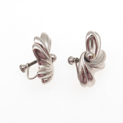 925 Sterling Silver Antique Art Deco Floral Oxidized Screw Back Earrings