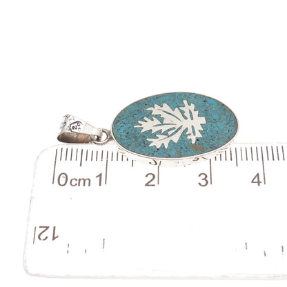 925 Sterling Silver Vintage Mexico Real Turquoise Inlay Cannabis Charm Pendant