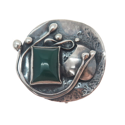JM Joseph Masaniello Sterling Silver Vintage Real Green Onyx Leaf Brooch Pendant