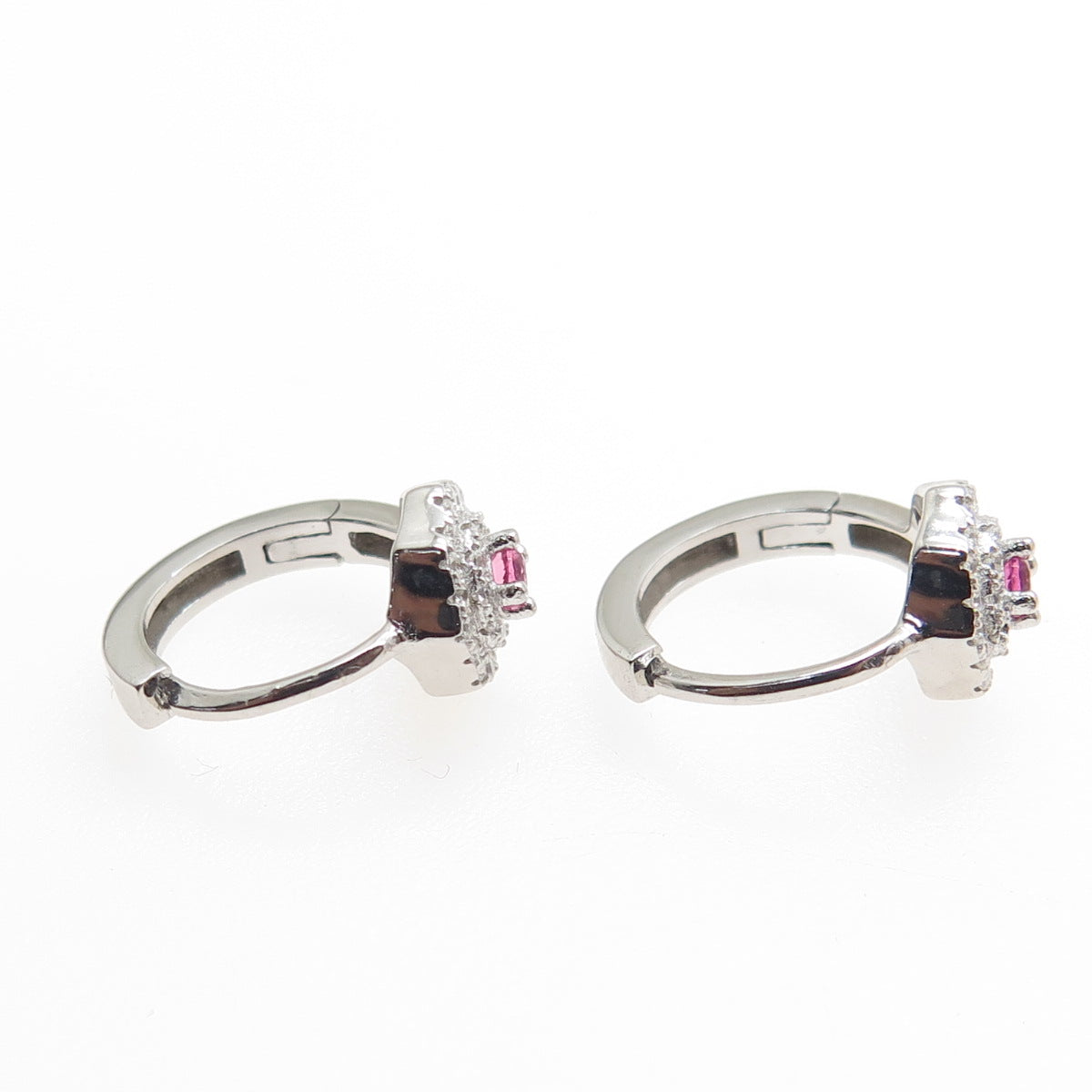 925 Sterling Silver Pink & White Round-Cut Shaped C Z Hoop Earrings