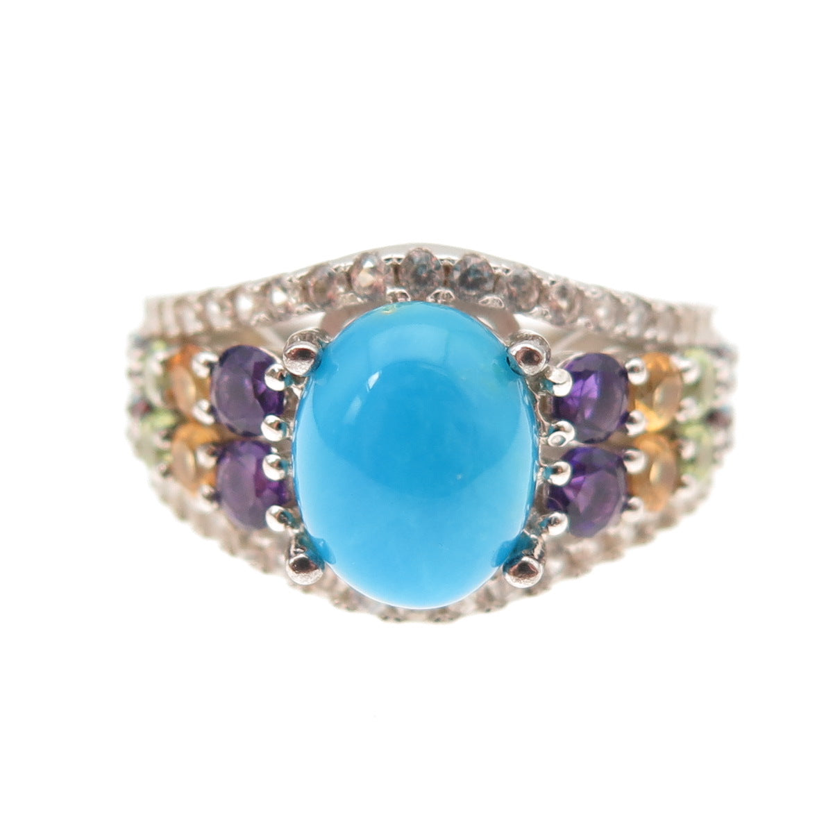 925 Sterling Silver Real Sleeping Beauty Turquoise & Multi-Gem Ring Size 8