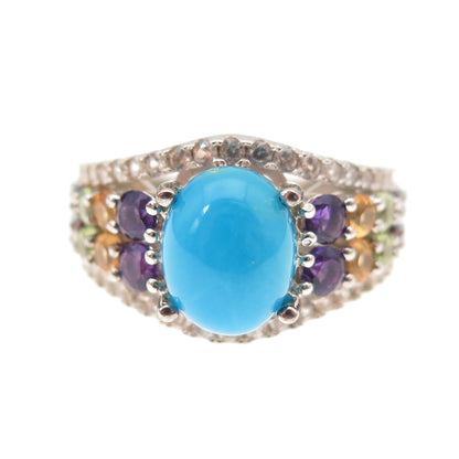 925 Sterling Silver Real Sleeping Beauty Turquoise & Multi-Gem Ring Size 8