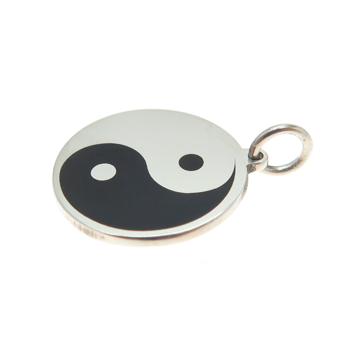 925 Sterling Silver Black Enamel Yin Yang Round Tag Minimalist Charm Pendant