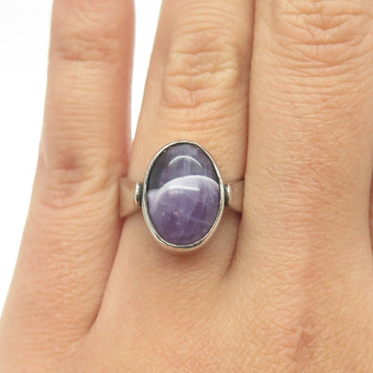 925 Sterling Silver Vintage Israel Agate & Amethyst Double Sided Ring Size 5