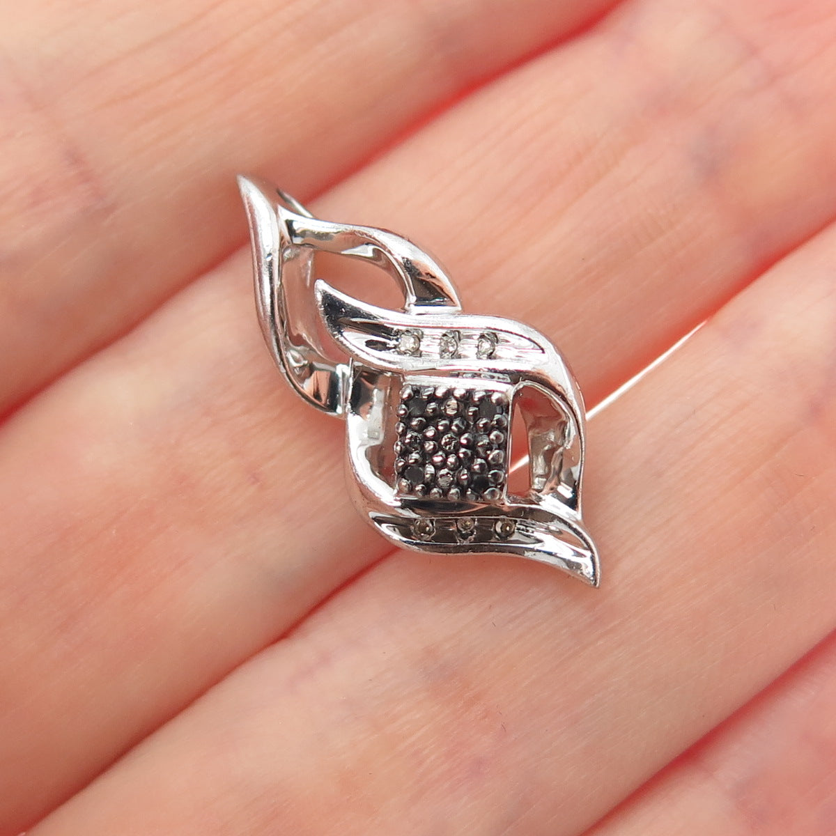 SUN 925 Sterling Silver Real Black & White Diamond Minimalist Slide Pendant