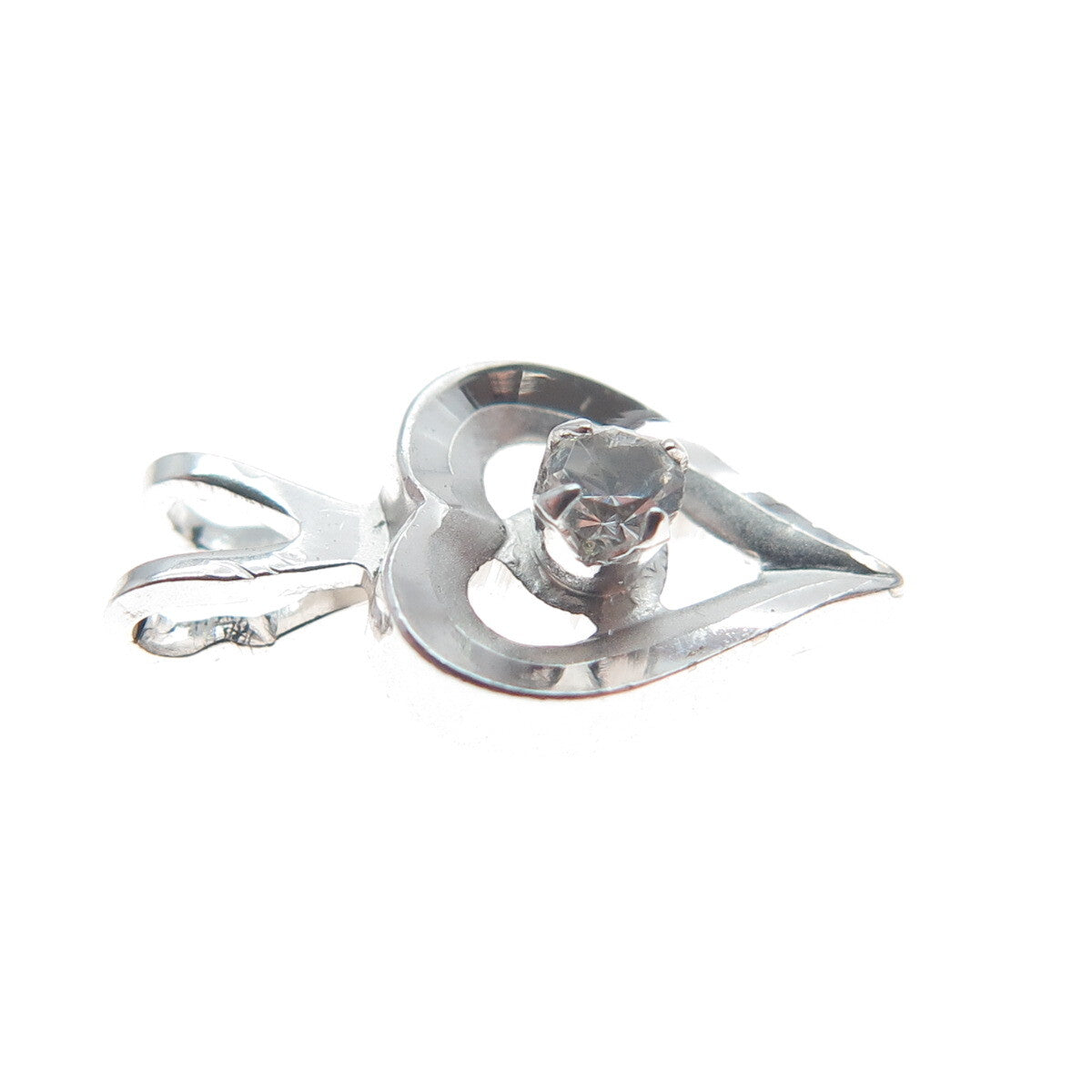 925 Sterling Silver Vintage Round-Cut Rhinestone Open Heart Minimalist Pendant