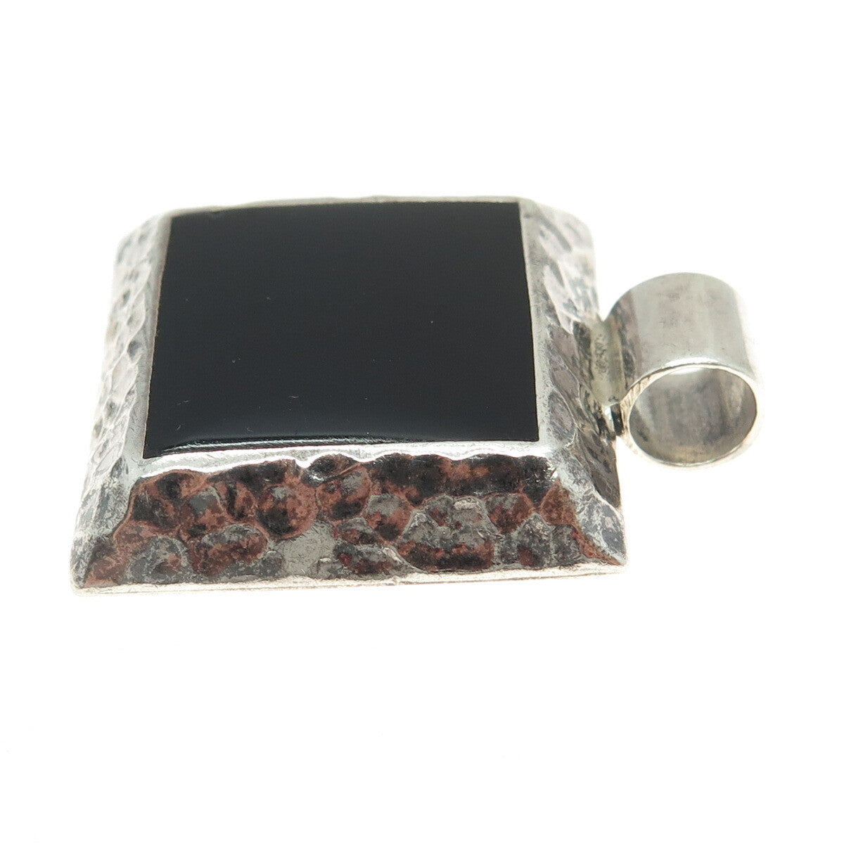 925 Sterling Silver Vintage ATI Mexico Real Black Onyx Hammered Pendant