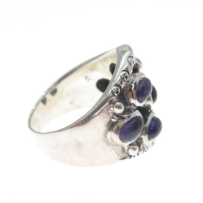 925 Sterling Silver Vintage Real Amethyst Modernist Oxidized Ring Size 7