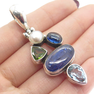 925 Sterling Silver Vintage Real Pearl Peridot Sapphire Blue Topaz Gem Pendant