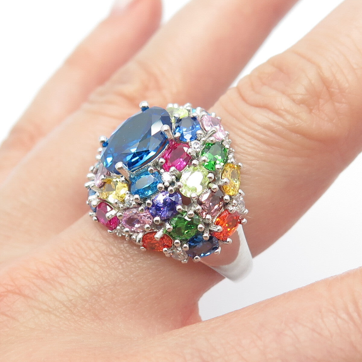 925 Sterling Silver Multi-Color C Z Wide Round Ring Size 8